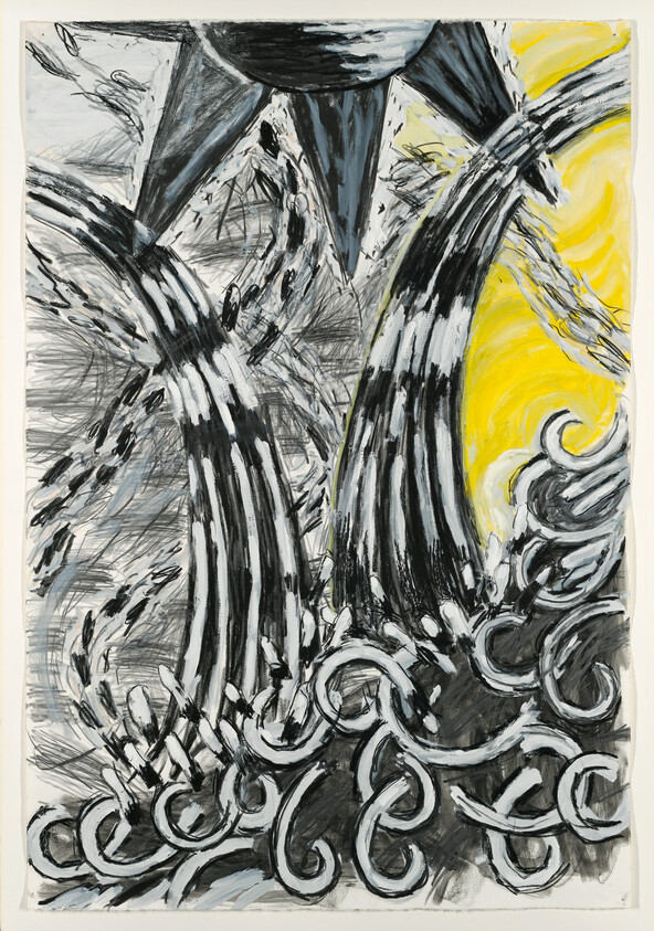 Bold black-and-white swirling brushstrokes cascade toward the bottom with a bright yellow area on the right.