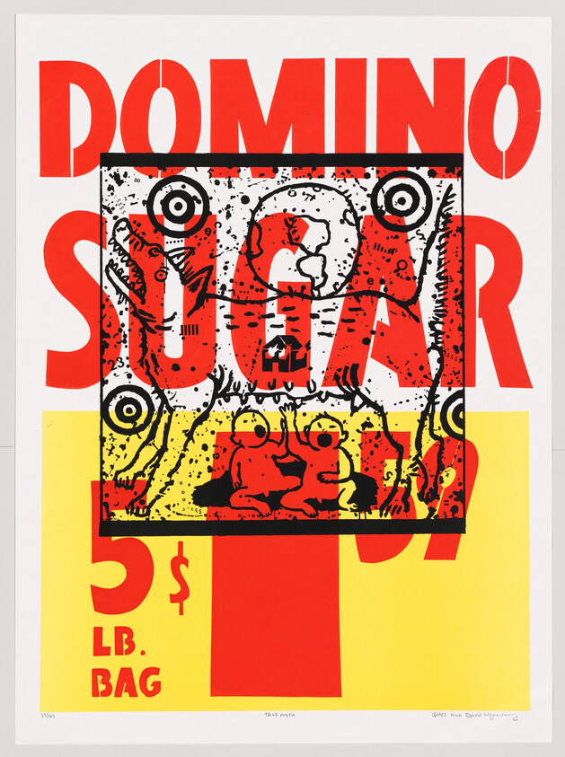 Bold red "Domino Sugar" poster with black cartoon creatures and yellow price panel reading 5$ lb. bag.