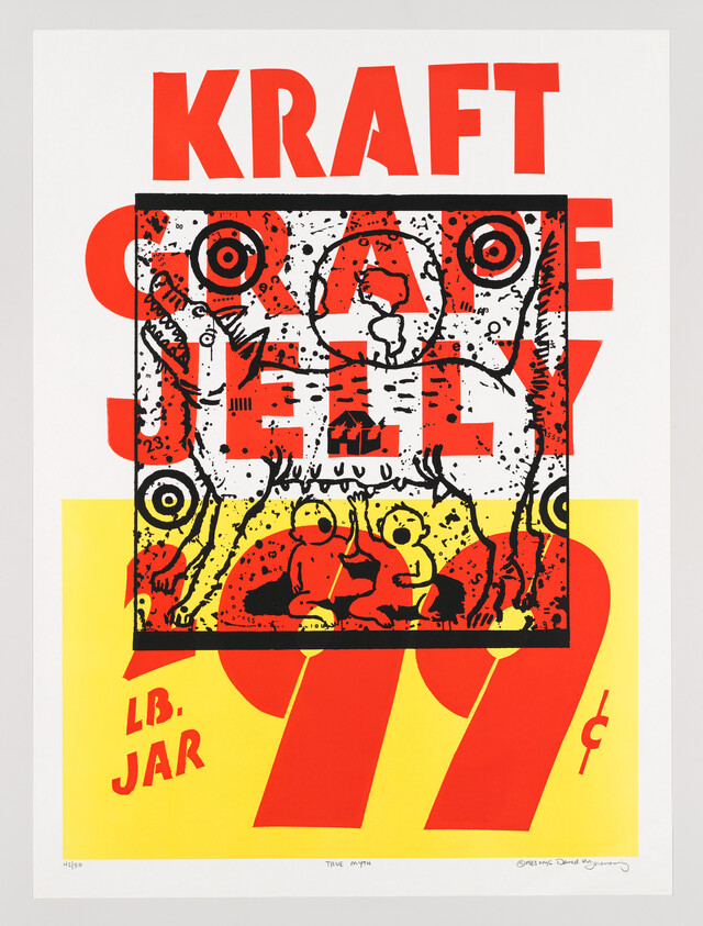 Bold red "KRAFT" headline above a graphic dog and small figures over a large yellow-red "99" design.