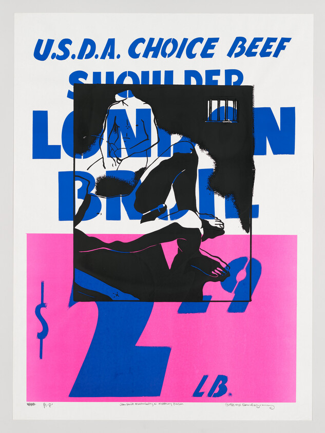Graphic poster showing intertwined black figures over bold blue and pink text reading U.S.D.A. Choice Beef.