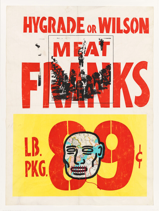 Bold poster advertising Hygrade or Wilson meat franks with police photo overlay and skull, 89¢.