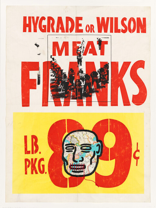 Bold poster advertising Hygrade or Wilson meat franks with police photo overlay and skull, 89¢.