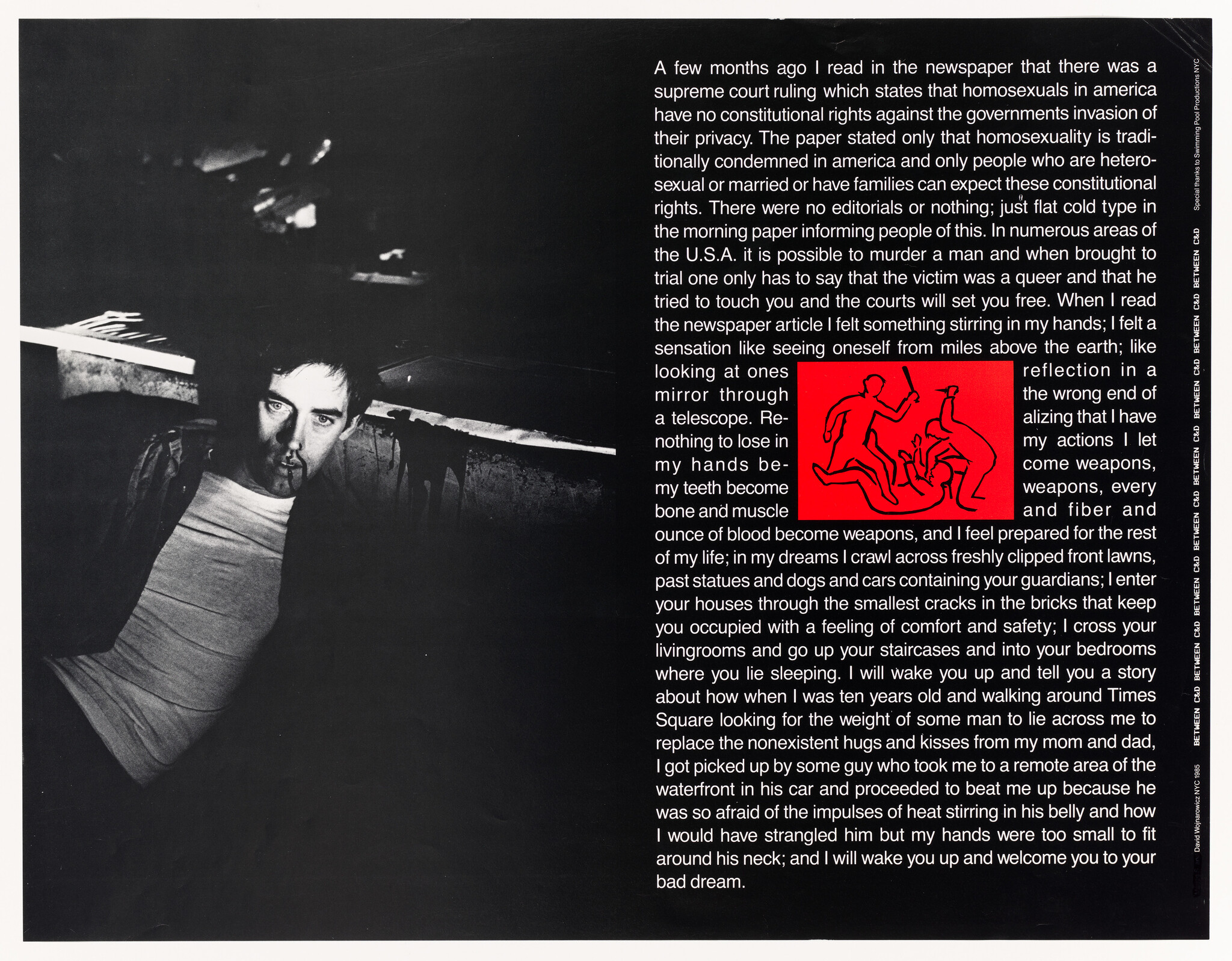 A man slumps with a bloody nose beside a column of text about anti-gay violence.