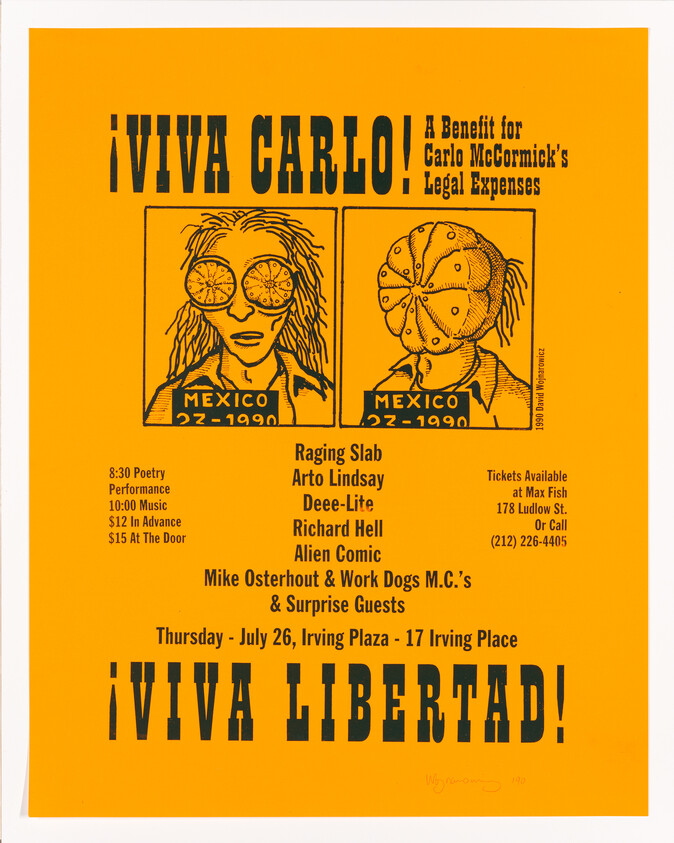 Bright orange benefit poster titled "¡Viva Carlo!" and "¡Viva Libertad!" listing performers and event details.