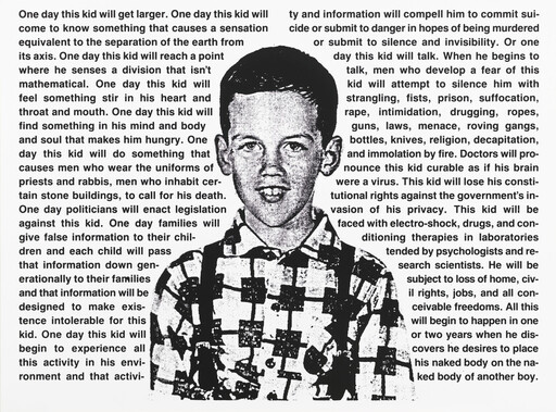 Young boy portrait surrounded by dense text predicting discrimination and violence against him.