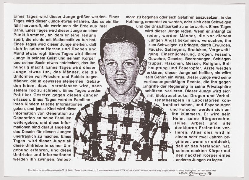 Young boy portrait centered on a page surrounded by dense German text columns.