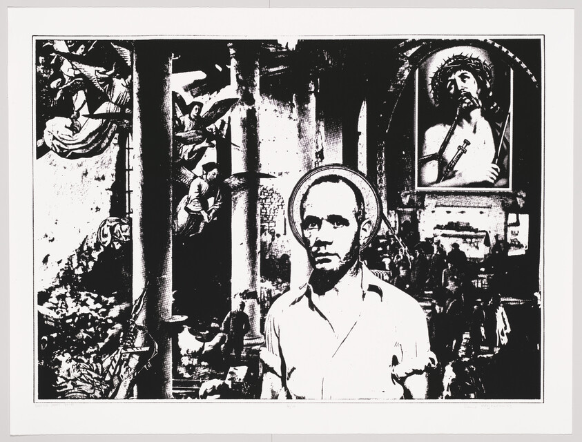 Man with halo stands inside a ruined church with a painting of Christ behind him.