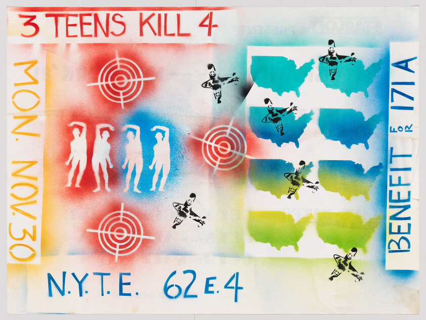 Poster reading "3 teens kill 4" with target symbols, silhouettes, and maps of the United States.