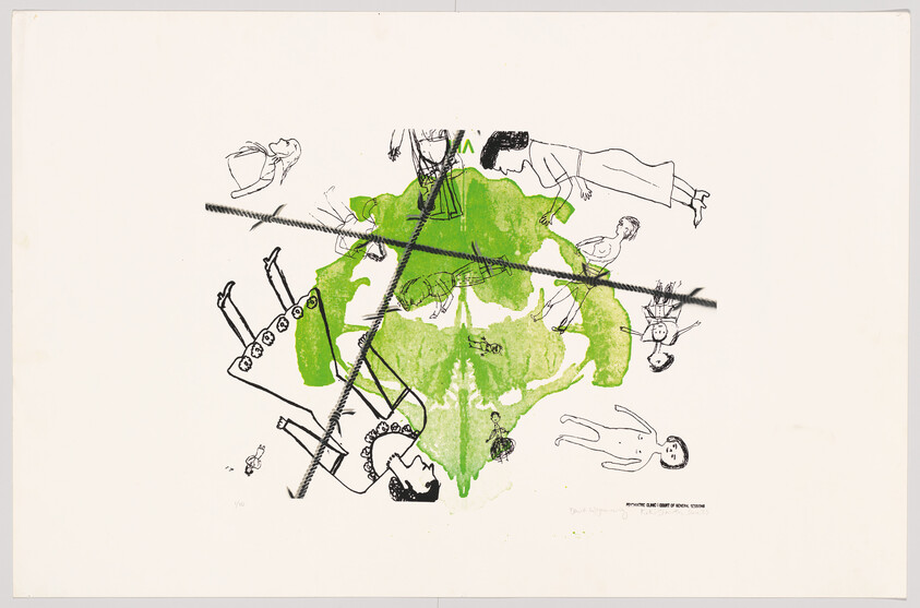 Green ink blot with sketched people arranged around it and two heavy black lines crossing over them.