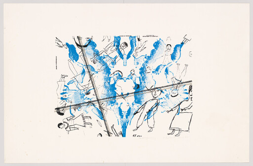 Blue paint splashes cover sketched people while a diagonal rope crosses the composition.