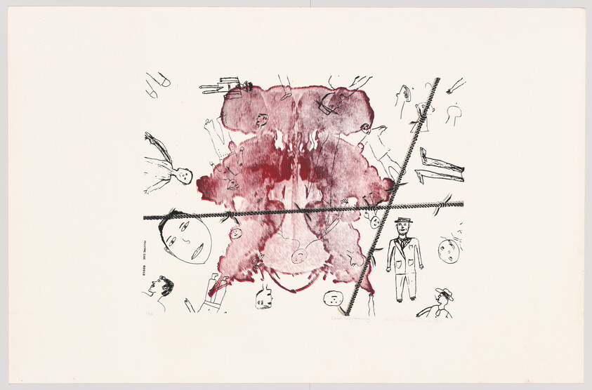Centered red inkblot with small sketched figures and ropes crossing over the blot.