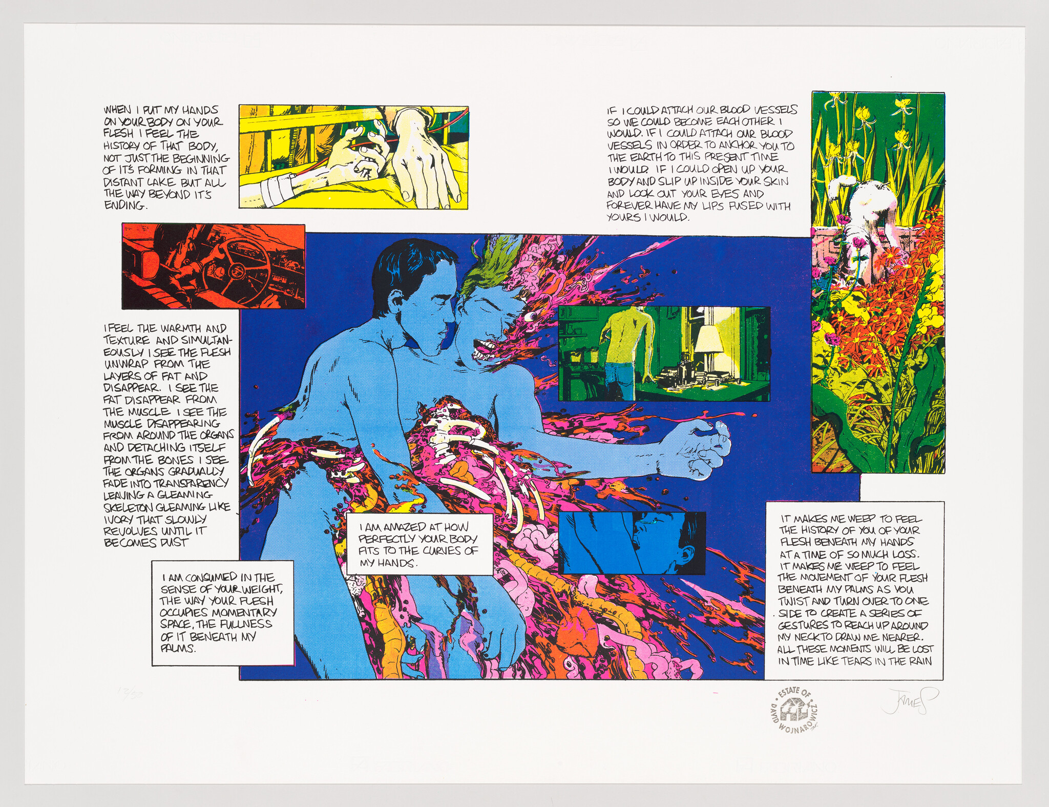 This image features a colorful artwork with a central illustration of two figures, one cradling the other in a vivid, expressive style. Surrounding the central image are smaller panels with various scenes and abstract patterns. Text blocks with poetic musings on the nature of human connection, physicality, and temporality are interspersed throughout the composition. The overall effect is a collage-like juxtaposition of visual and textual elements that evoke a contemplative mood.