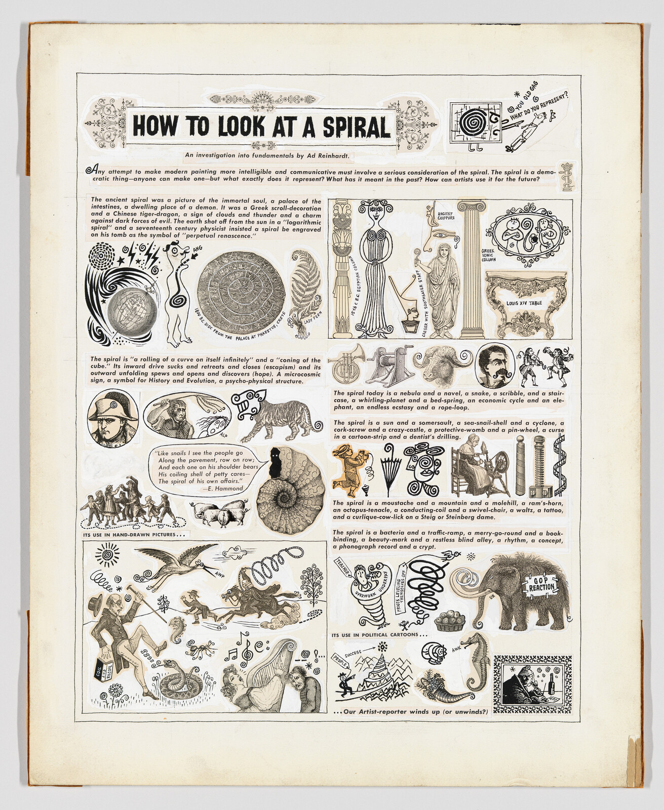 Instructional poster titled "How to Look at a Spiral" with drawings, animals, people, and explanations about spirals.