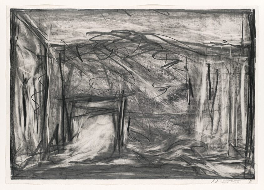 Charcoal drawing of an empty stage with heavy curtains and a central raised platform.