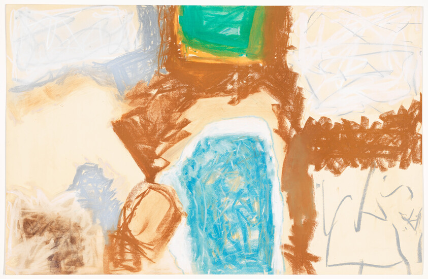 Abstract painting with a blue pool-like shape surrounded by rough brown and beige strokes.