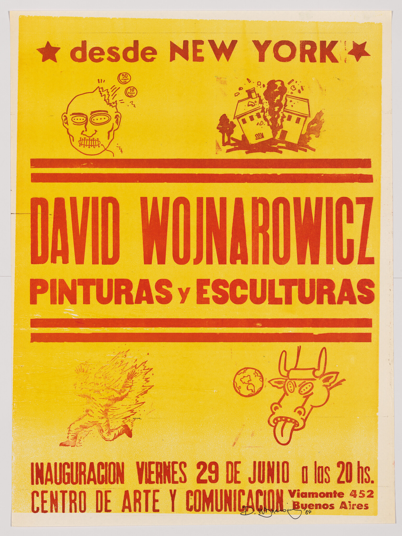 Bright yellow poster announcing David Wojnarowicz paintings and sculptures exhibition in bold red text.