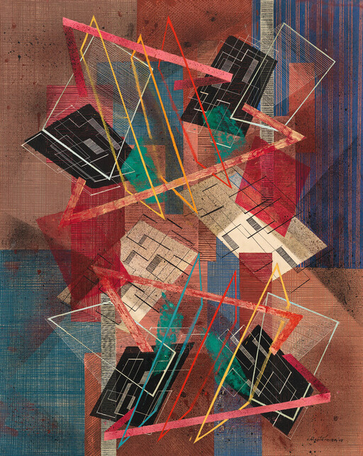 Layered geometric shapes and colorful diagonal lines intersect over textured grid patterns.