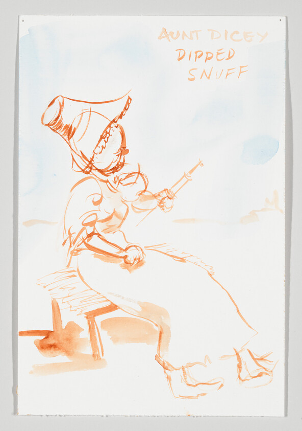 An elderly woman in a bonnet sits on a bench dipping snuff, titled "Aunt Dicey Dipped Snuff."