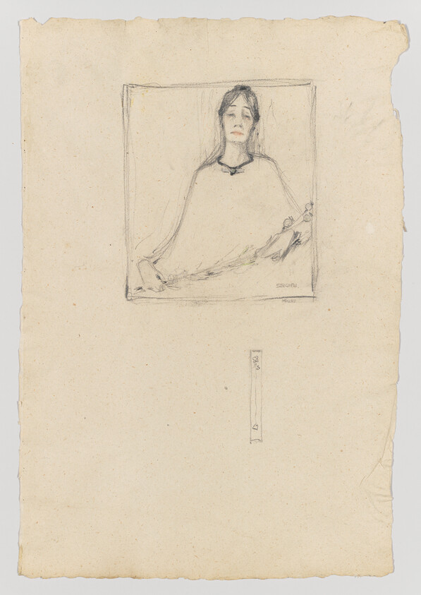 Sketch of a seated woman within a square frame at the top of a mostly blank page.