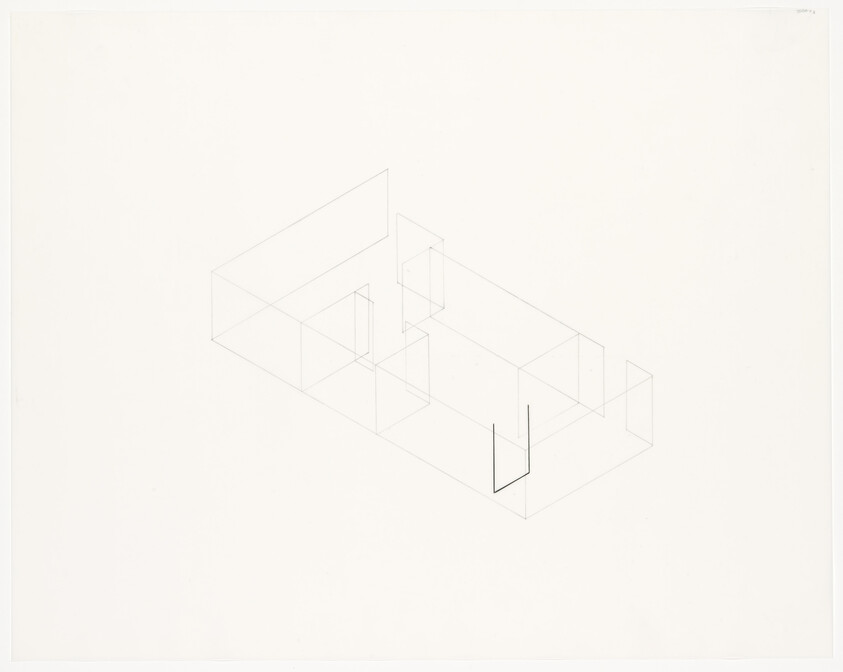 Thin pencil isometric drawing of a rectangular wireframe room layout with several door openings.