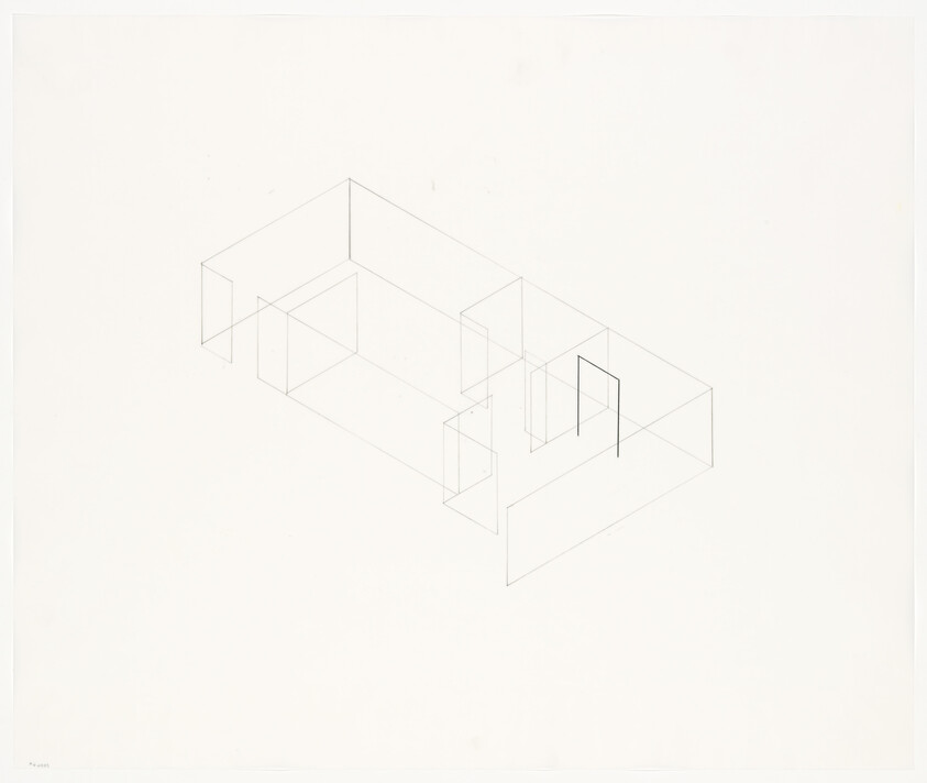 Faint isometric wireframe shows a rectangular room layout with multiple doorways and openings.