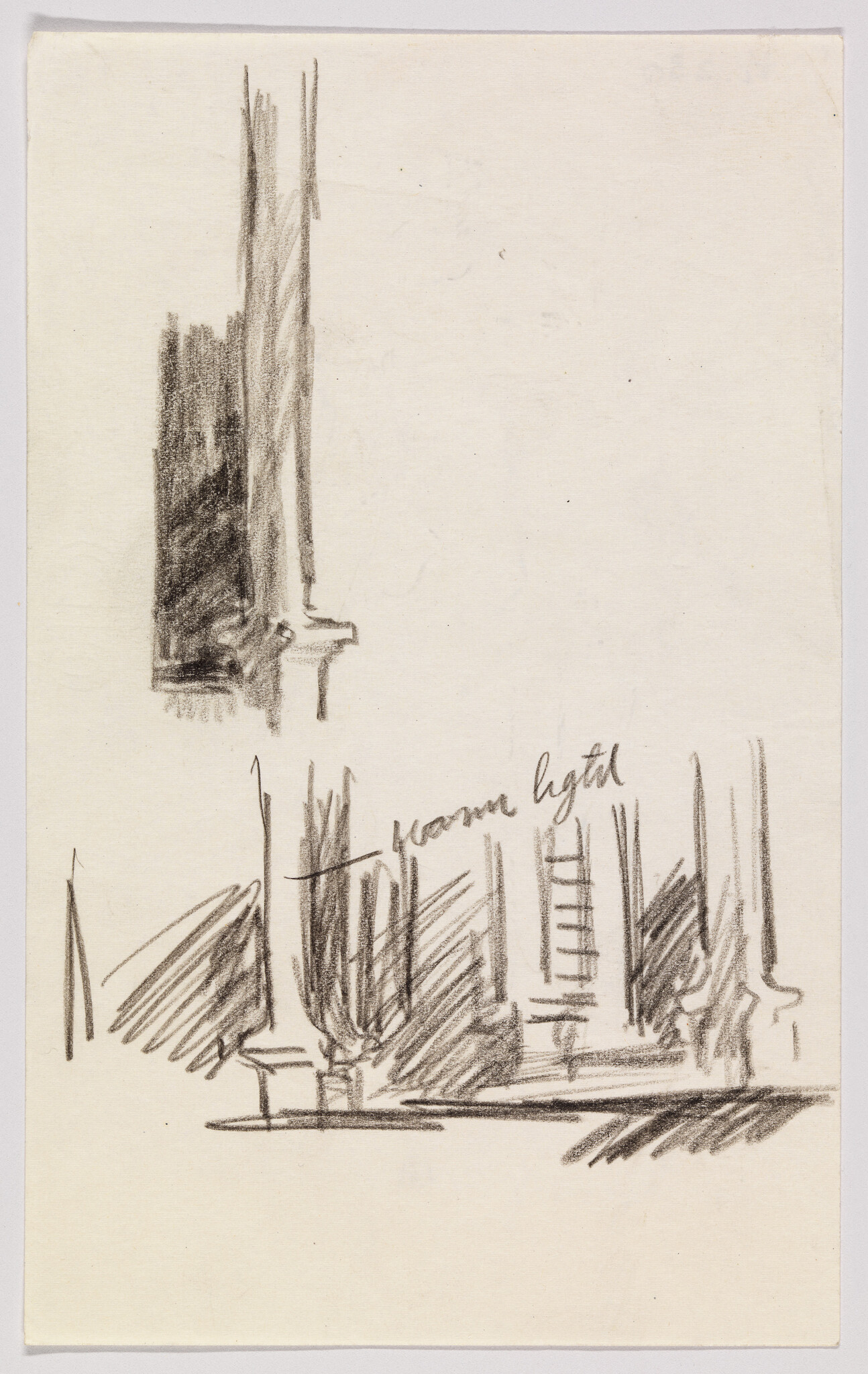Pencil sketch of tall architectural columns and a window with the note "warm light."
