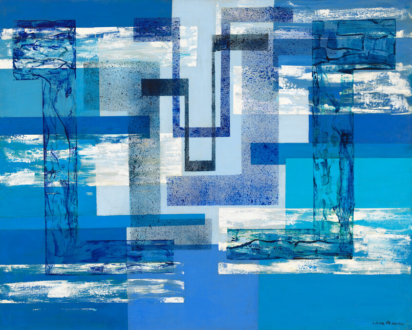 Abstract composition of overlapping blue rectangles and textured brushstrokes creating interlocking pathways.