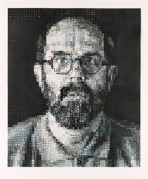 Mosaic-style black-and-white portrait of a bearded man wearing glasses and a small necklace.