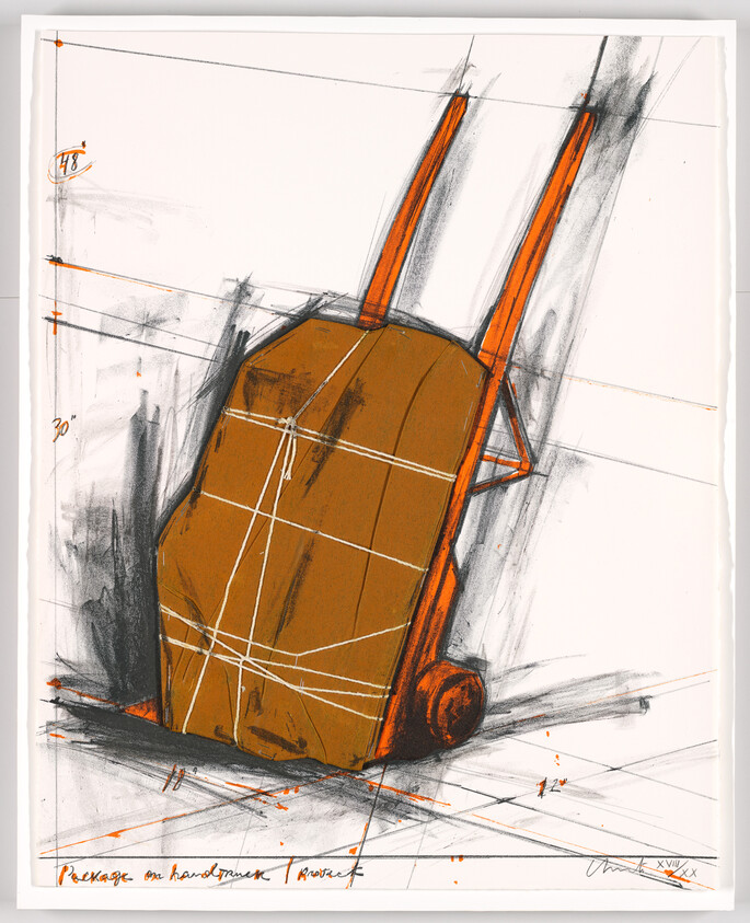 A stylized artistic sketch of a hand truck with a large package, featuring prominent orange and brown tones against a white background with grid lines and measurements indicating perspective. Handwritten notes suggest it's a study of the object's dimensions and placement. The artwork is signed by the artist in the lower right corner.