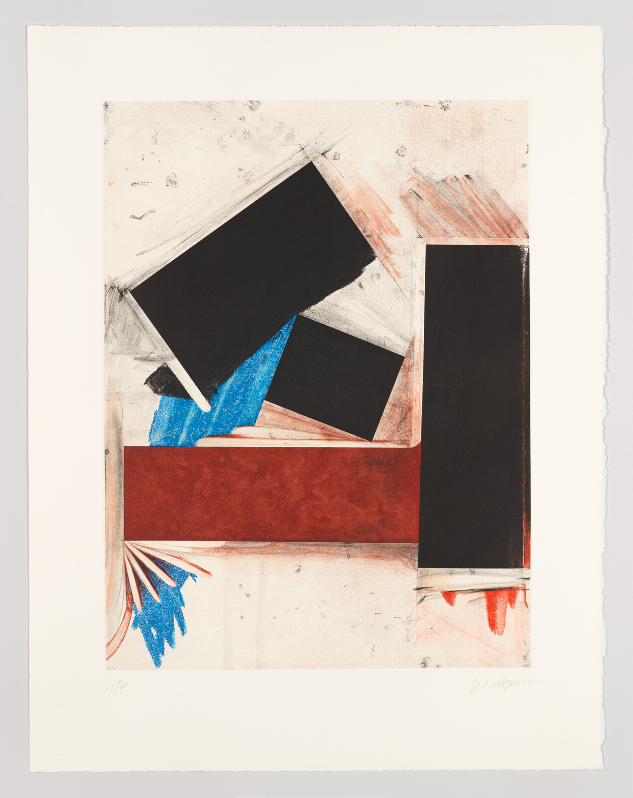 Abstract composition with tilted black rectangles above a red bar and blue brushstrokes.