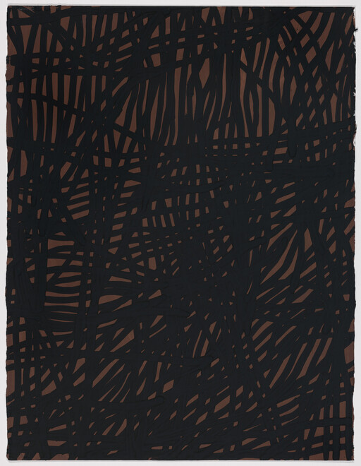 Dense overlapping black brushstrokes form an irregular lattice over a brown background.