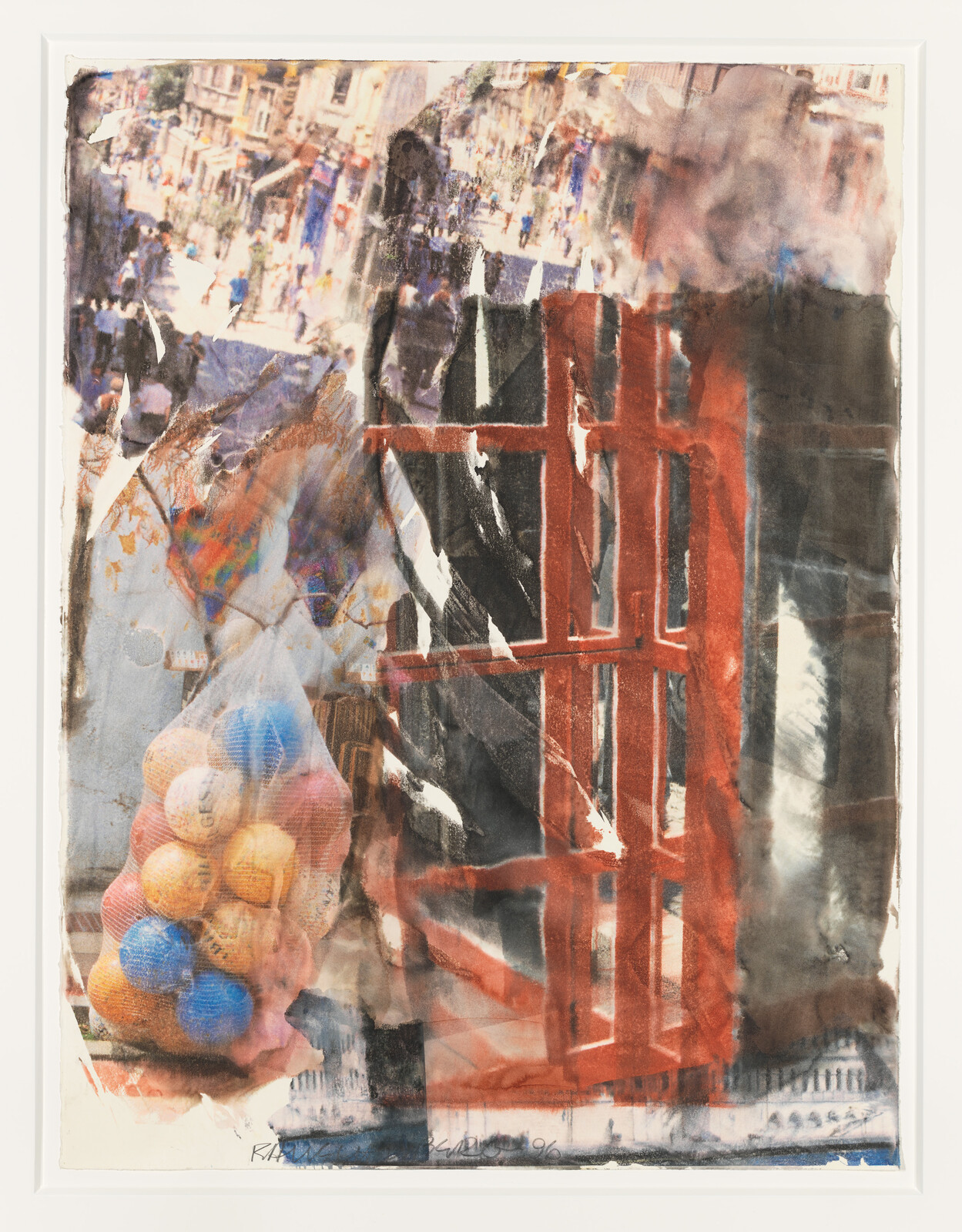 Red metal gate overlaps a mesh bag of colorful balls against a blurred street crowd collage.