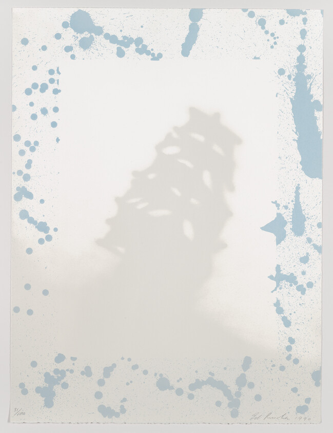Faint shadow of a tall branching sculpture centered on white paper with blue paint splatter border.