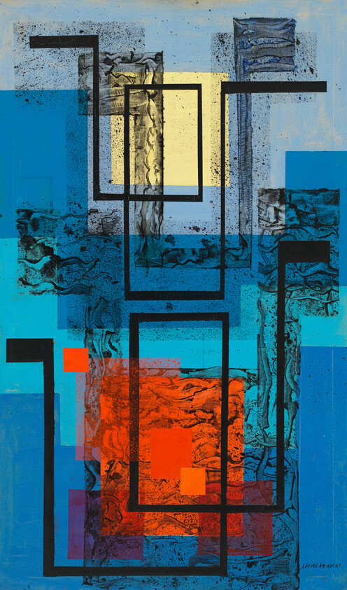 Overlapping blue and turquoise rectangles with black rectangular outlines surrounding a central red-orange square and pale yellow block.