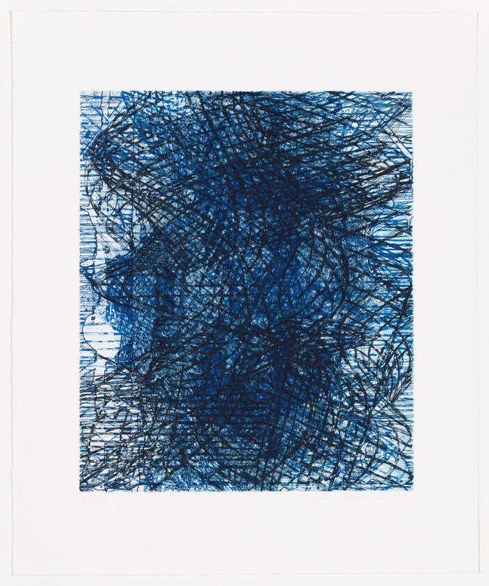 Dense blue and black scribbled lines form an abstract square with layered circular motion.