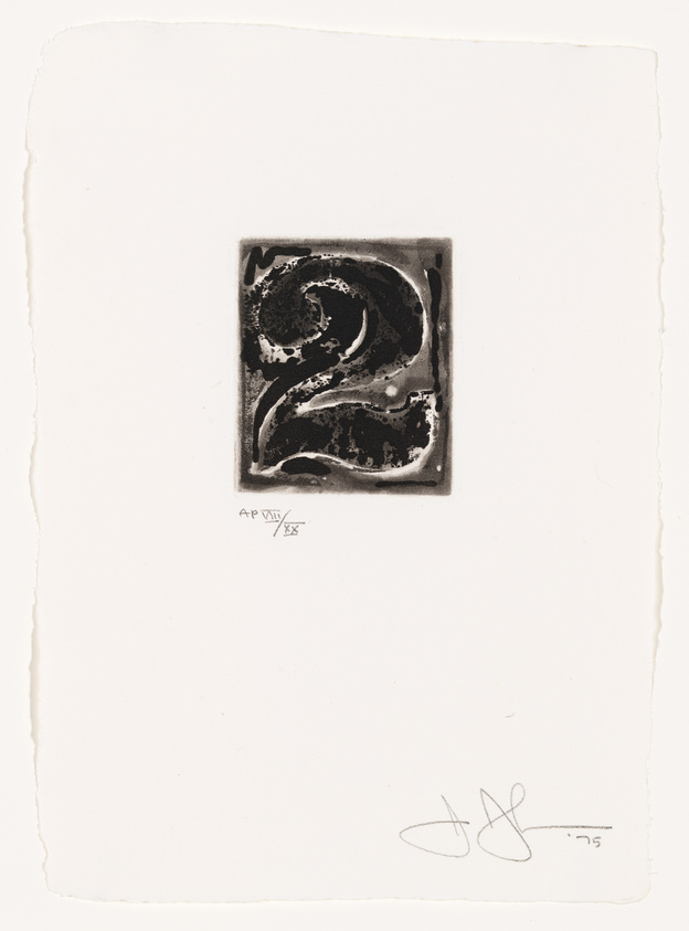 An abstract black and white etching centered on a piece of paper with rough edges. The etching features swirling dark forms against a lighter background. Below the image, there is a handwritten inscription "AP VIII/XV" on the left and a signature with the year '75 on the right.