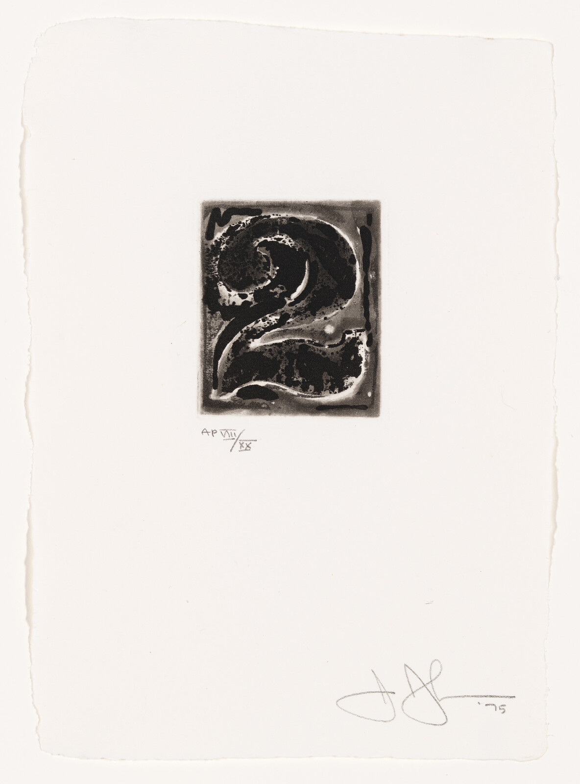 A stylized black number two printed in a rectangular block on white paper.