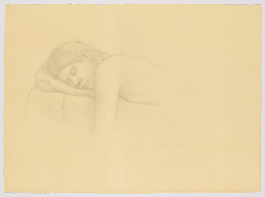 A reclining nude woman sleeps with her head resting on her folded arm in a soft pencil sketch.