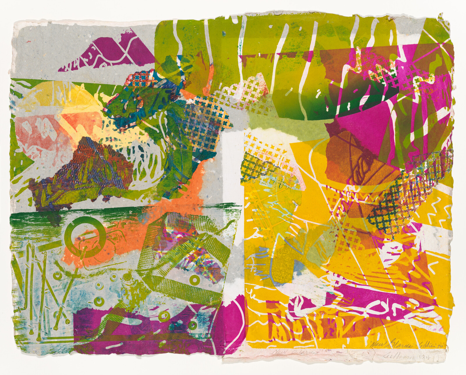 Bright abstract collage of layered shapes and textures in green, yellow, pink, and orange.