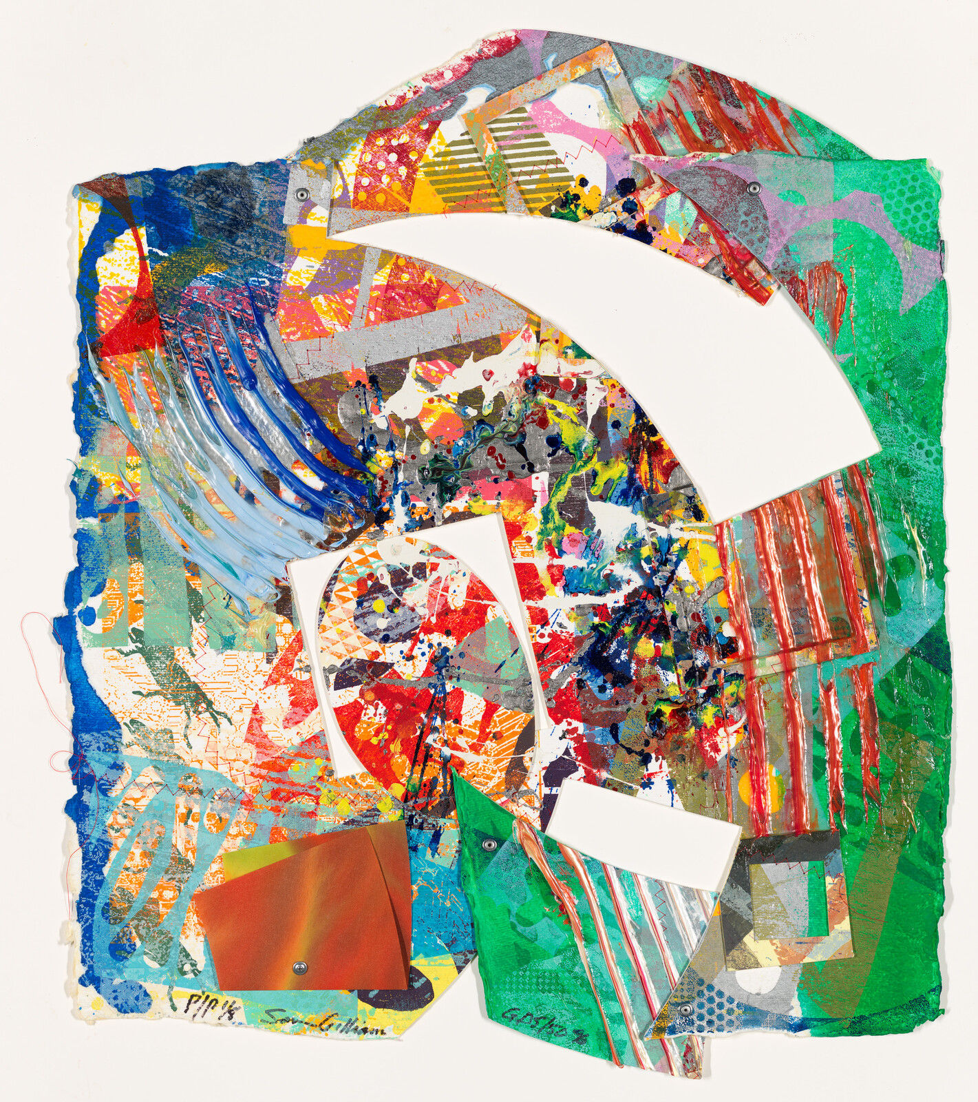 Bright mixed-media collage with colorful paint splatters, geometric shapes, and large white curved cutouts.