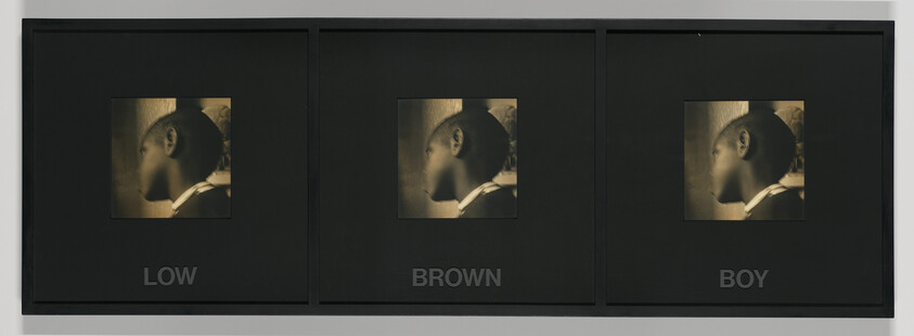 Three framed sepia portraits of a boy labeled "Low", "Brown", and "Boy".