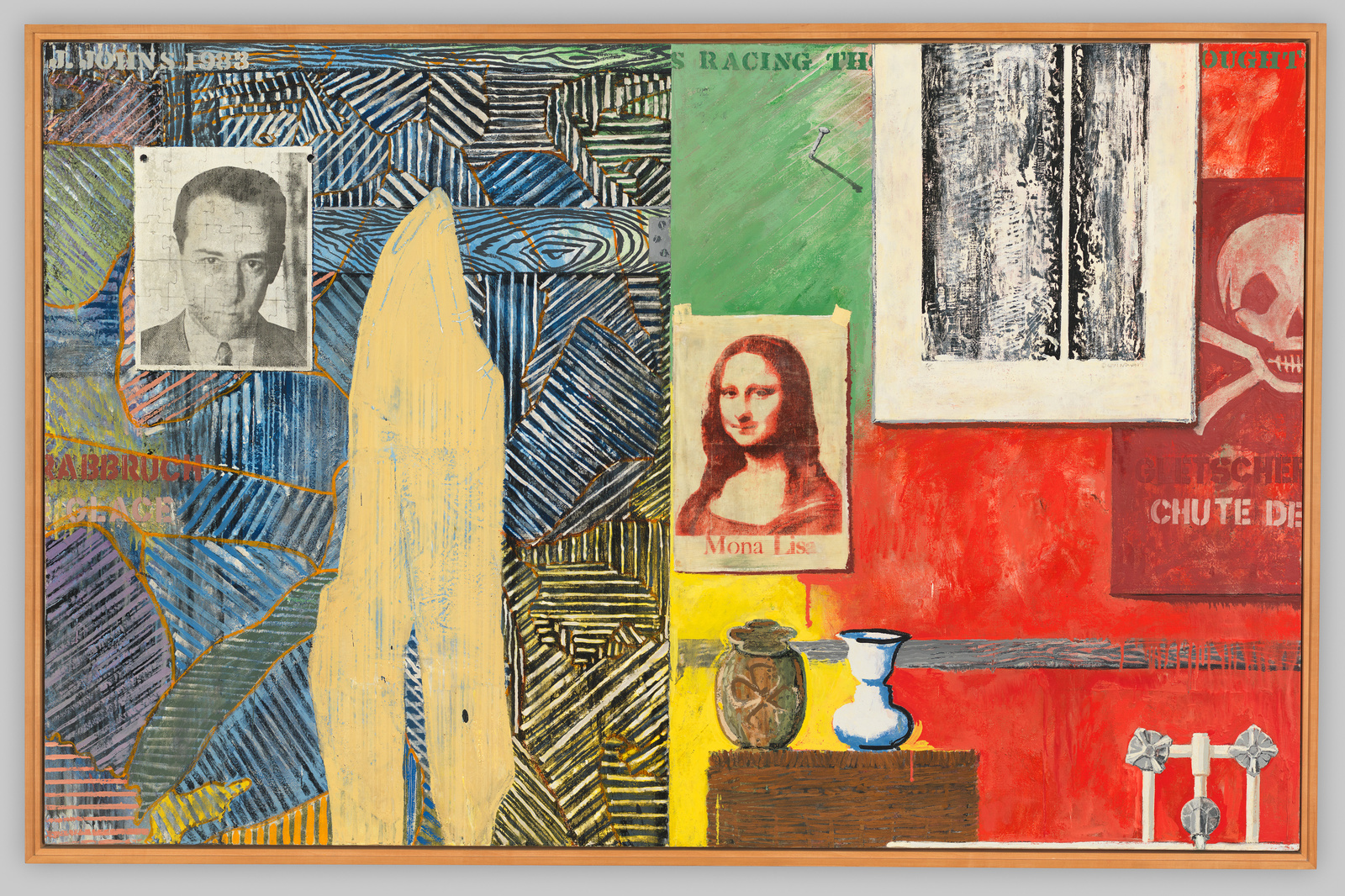 A reproduction of Mona Lisa, two ceramic vases, stenciled letters, and a photo of a white man, collaged on two panels.