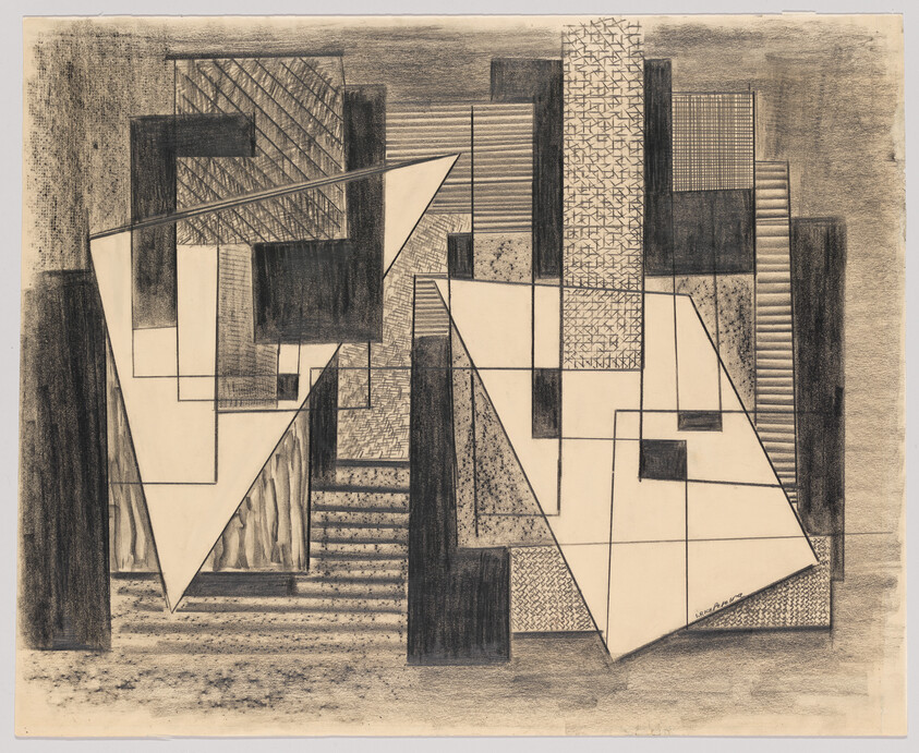 Abstract pencil drawing of overlapping geometric shapes and textured rectangles with crosshatched patterns.