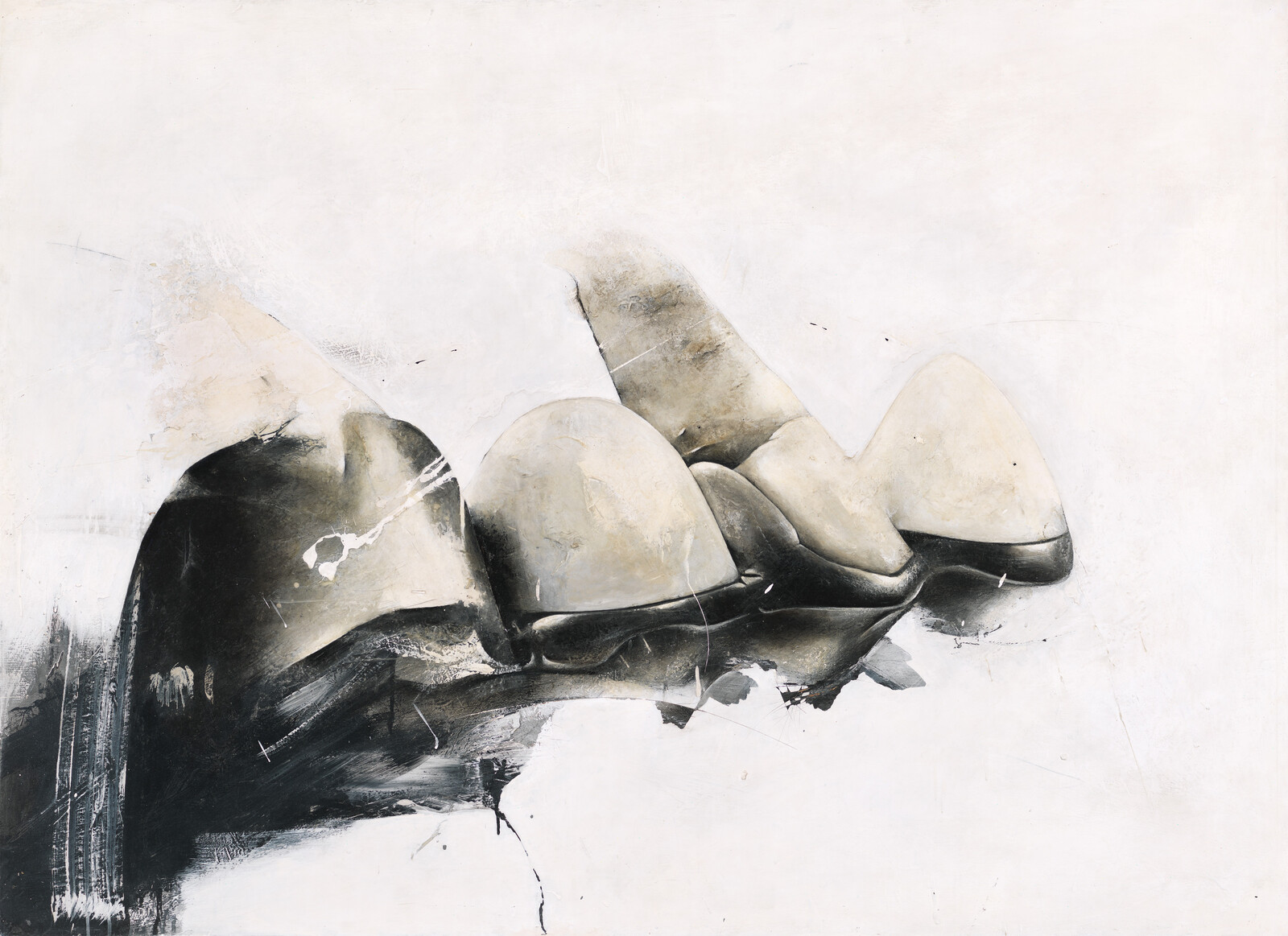 Abstract artwork depicting a series of rounded forms that resemble stones or boulders, with a textured black and white background that gives the impression of a rough, tactile surface. The composition is minimalist, with the forms positioned in the lower half of the canvas, leaving a vast expanse of negative space above.