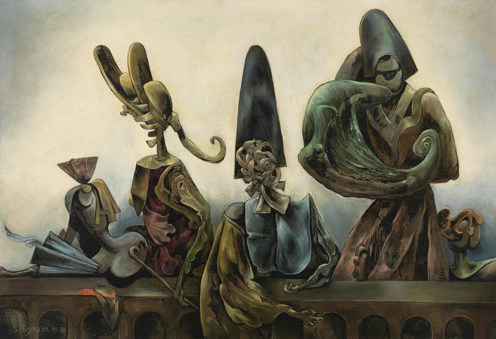 Four surreal cloaked figures with elaborate headpieces stand on a balustrade, one cradling a large green swirl.
