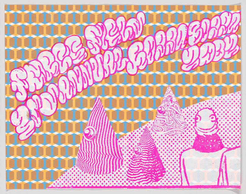 A vibrant and colorful artwork featuring abstract shapes resembling mountains with eyes, set against a patterned background of orange cubes and blue lines. Overlaid on the top is a wavy text in a graffiti-like style with pink fill and white outlines. The entire image has a playful, psychedelic aesthetic.