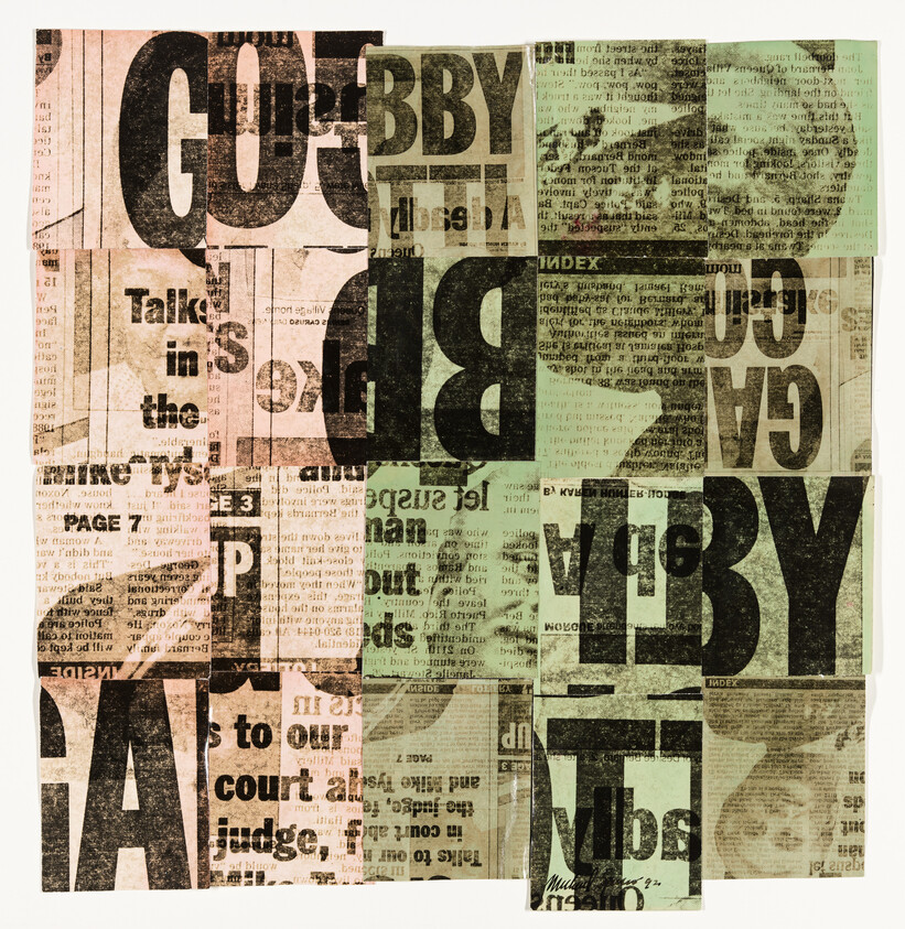 Collage of overlapping newspaper clippings with bold black headlines and faded green and pink tint.