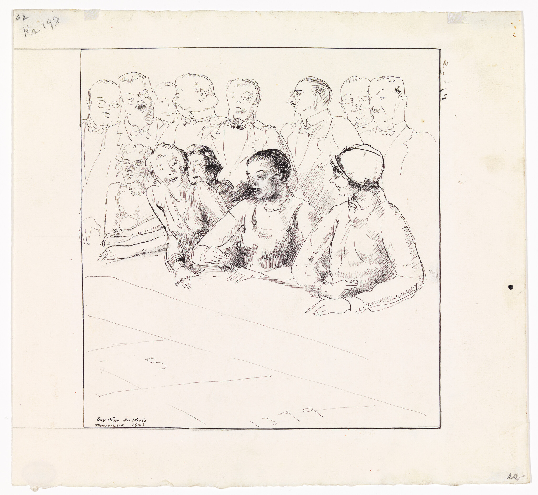 Four women sit at a table in front of a row of men watching them.