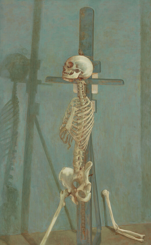 Human skeleton mounted on a vertical wooden stand with detached leg bones resting on the floor.