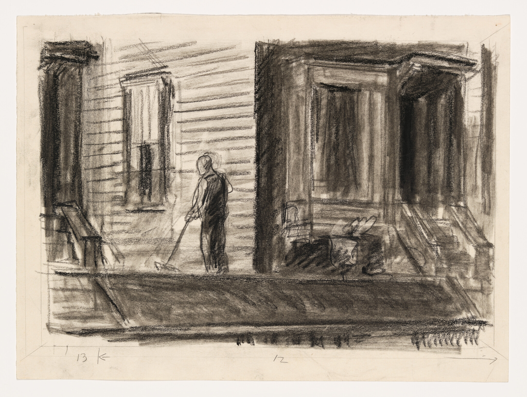 A person sweeps the wooden porch of an old house in a charcoal sketch.